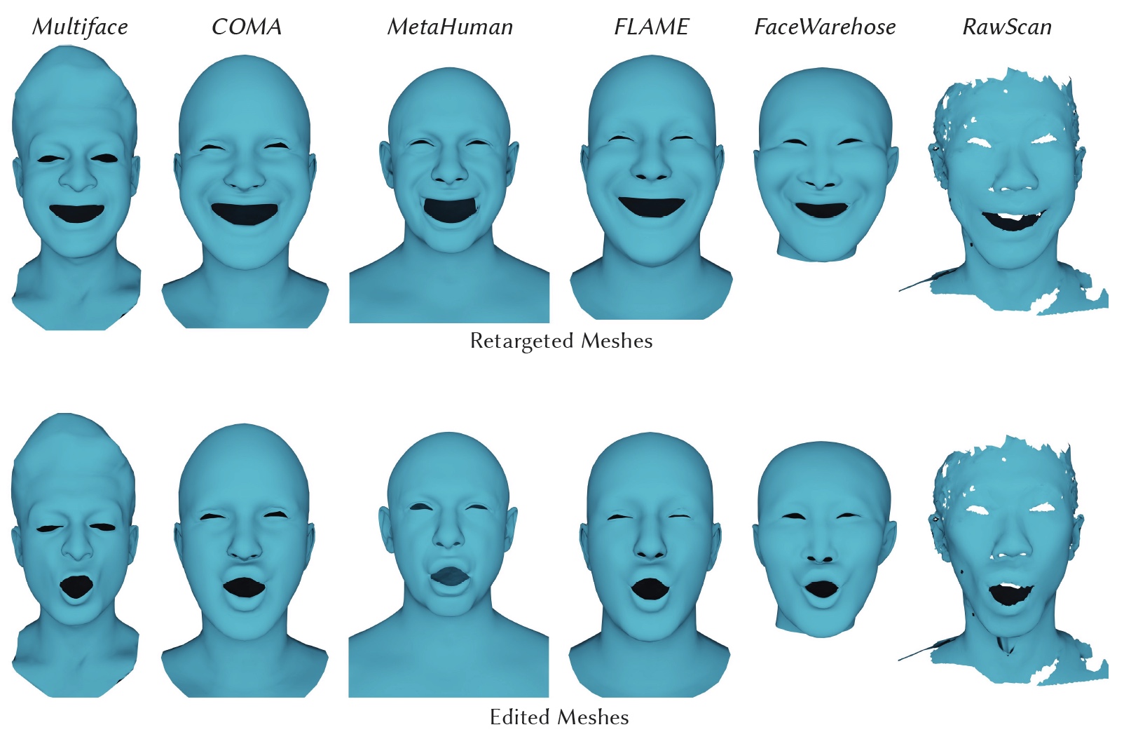 Face meshes from various datasets, with different triangulations, can be automatically deformed by our network into two facial expressions.