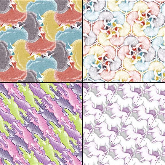 Four tilings of the plane automatically generated by our method, for four different symmetry patterns containing rotations and reflections, and four different prompts ('Flamenco dancer', 'Ballet dancer', 'Alligator', 'Unicorn').