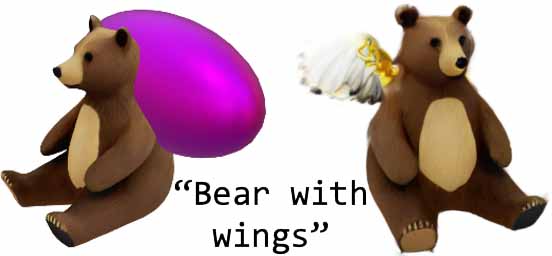 A 3D model of a bear is kept intact while adding wings (guided by a text prompt), by masking part of the object (purple ellipsoid) and reconstructing that part.