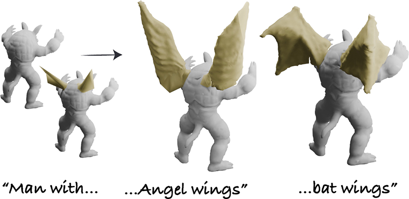 A chosen region on the back of the armadillo is deformed to different types of wings, based on different input text prompts.