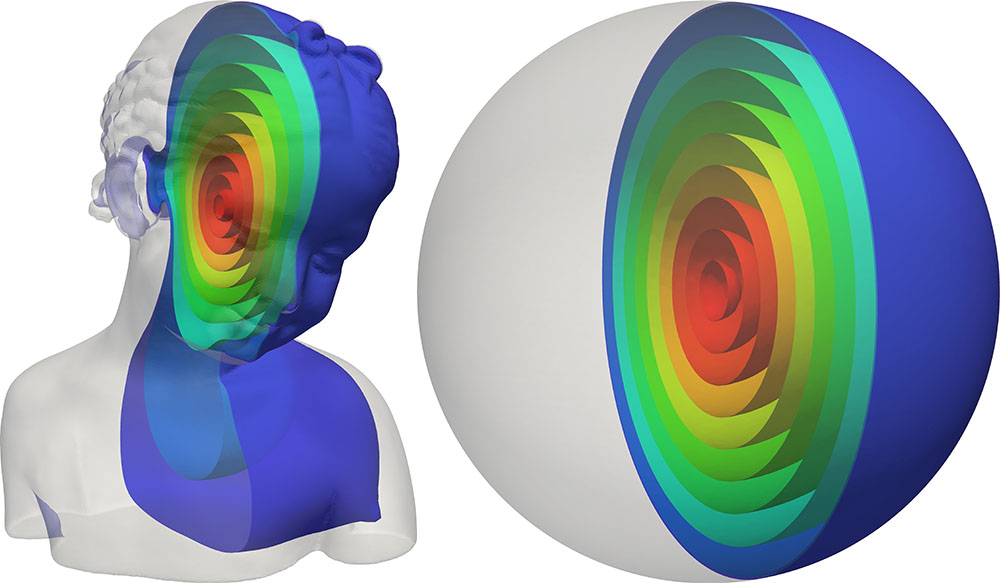 A large-scale bijective parametrization of a tetrahedral mesh to a ball.