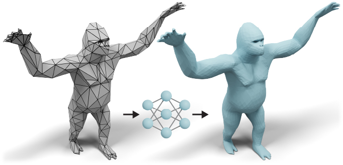 A coarse mesh is subidivided via a neural network, which restores natural geometric features without over-smoothing.