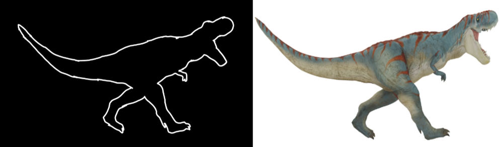 Left: a sketch outline of a dinosaur. Right: the corresponding 3D Gaussian Splatting model deformed to match the sketch.