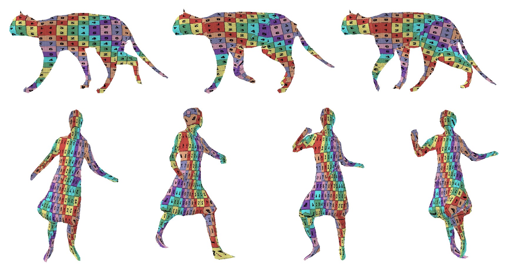 A sequence of reconstructed surfaces using our algorithm, exhibiting good consistent correspondences between each frame in the sequence them (visualized via texture that exhibits the correspondence).