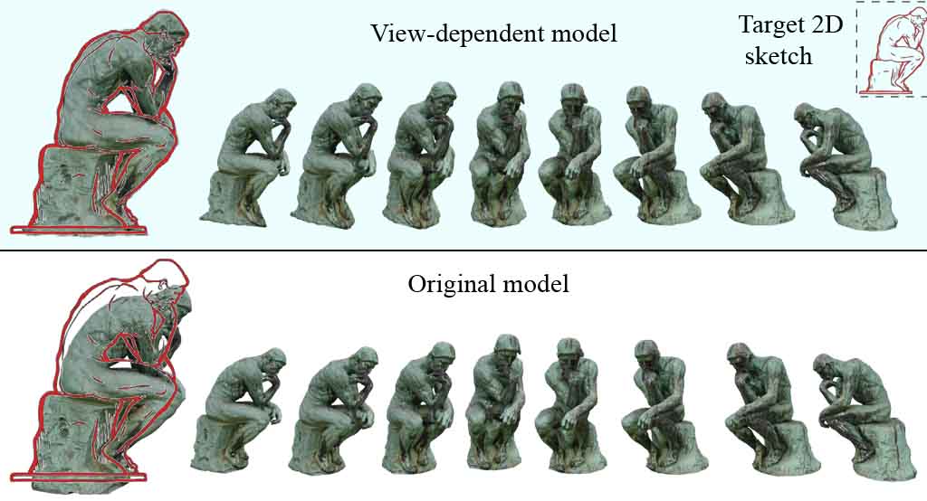 Bottom row: a model viewed from varying viewpoints does not fit the target sketch (bottom left, red); our method enables deform the model to fit to the sketch (top left) while still appearing the same as before from other views (top row).